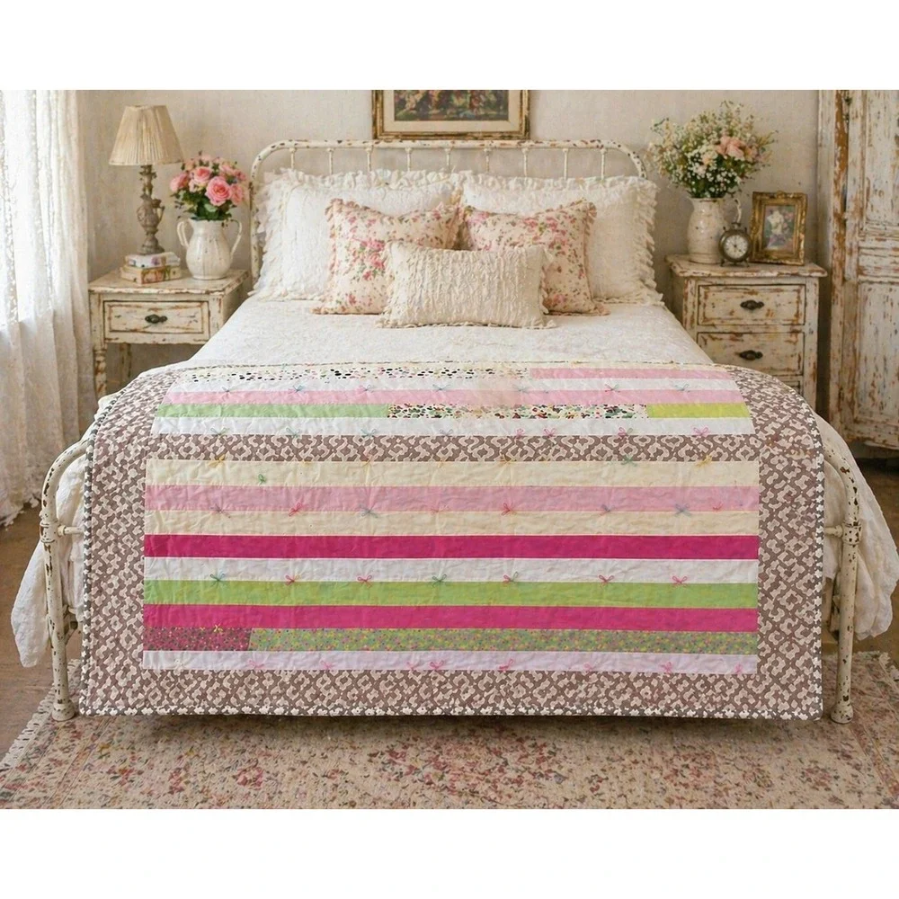 Handmade Grace‎ Lutheran Quilters Patchwork Tied Quilt Pink Green Hibbing MN